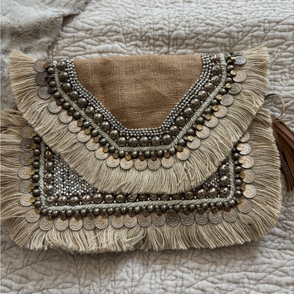 Viral Revolve Boho Jeweled Coin Fringe Clutch Crossbody Bag
